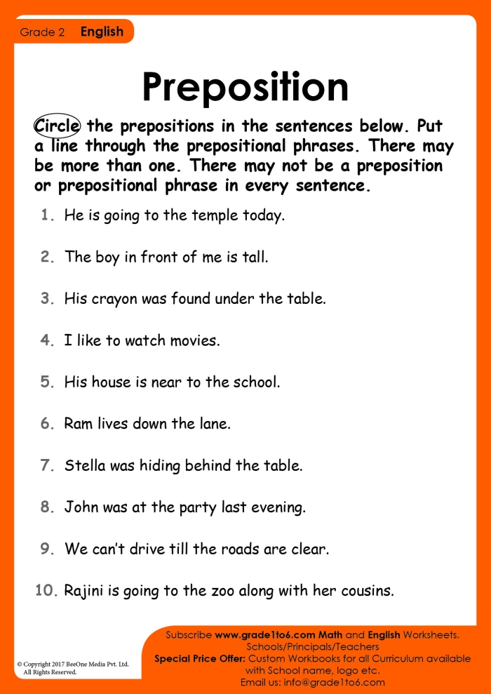 Fifth grade writing worksheet featuring exercises to identify and correct prepositions in sentences