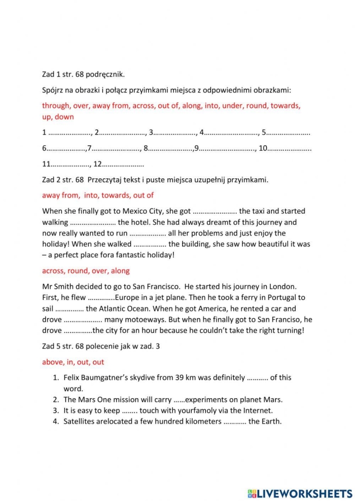 Worksheet for fifth graders focusing on identifying and using prepositions in sentences. Prepositions practice worksheet for Grade 5 learners.