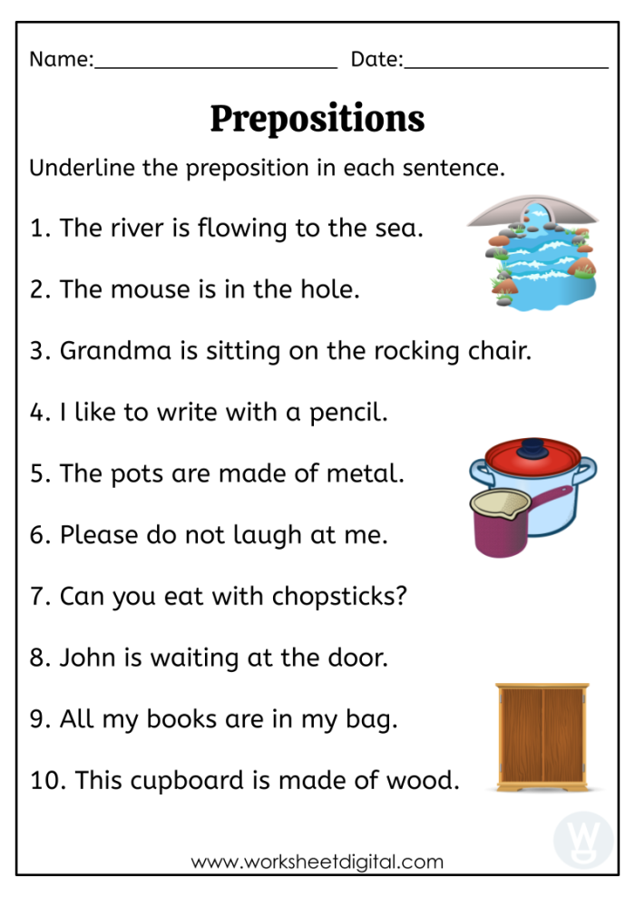 Prepositions worksheet for fifth graders focusing on sentence structure and correction