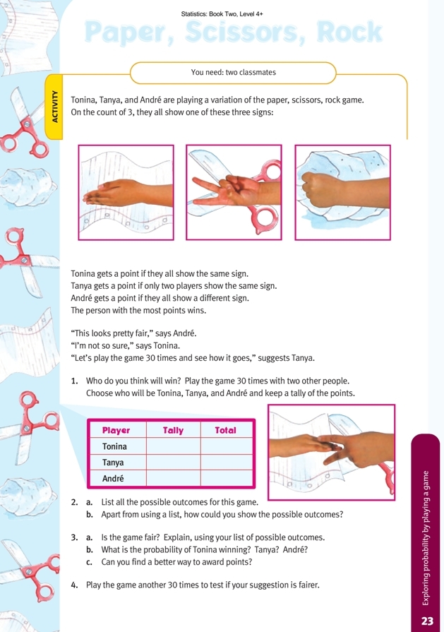 Two hands playing rock, paper, scissors game showing probability concepts for elementary math learning
