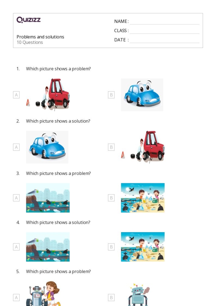 Worksheet image illustrating fiction comprehension exercises for reading practice Fifth grade students engaging with a Problem & Solution worksheet featuring transition words