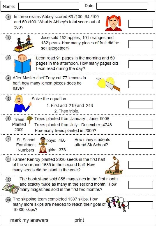 Worksheet image illustrating fiction comprehension exercises for students Fifth-grade students working on a Problem & Solution worksheet with transition words