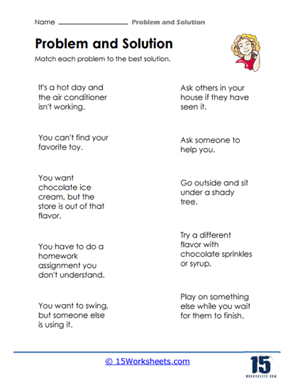 Practice with Problem & Solution worksheet for reading skills in fifth grade Worksheet featuring fifth graders practicing problem and solution comprehension in fiction stories