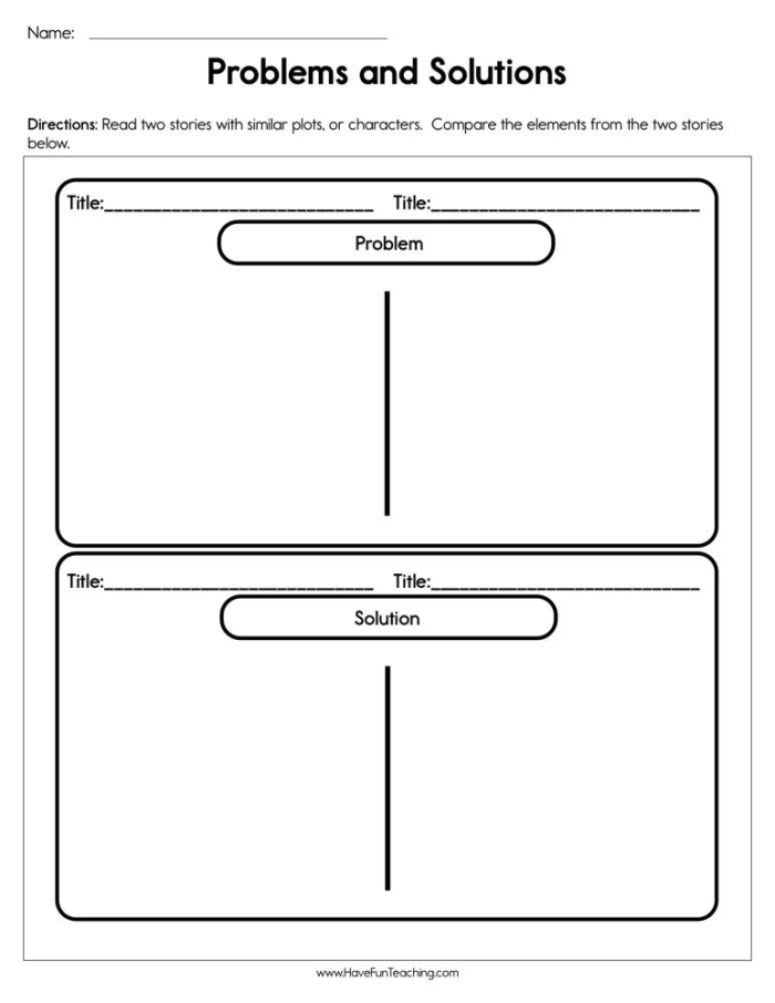 Image title: Comprehension exercise focusing on transition words for problem and solution writing. ALT text: Fifth grade students engage with a Problem & Solution worksheet featuring fiction stories.