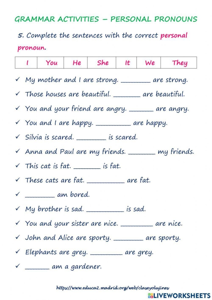All Kinds of Pronouns Practice Worksheet for Grade 5 Worksheet featuring a variety of pronouns for fifth-grade students