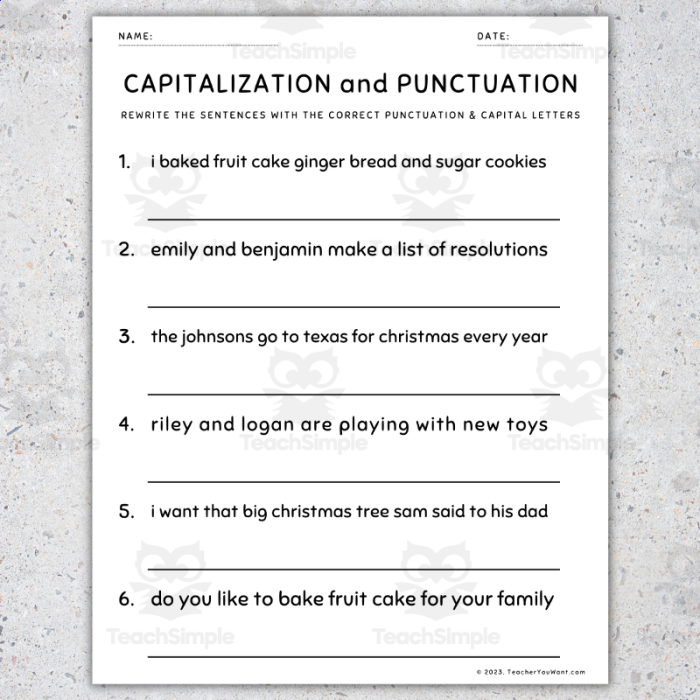 Punctuation and capitalization worksheet for fifth-grade students focusing on sentence rewriting