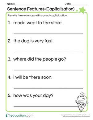 Worksheet featuring punctuation and capitalization exercises for fifth graders