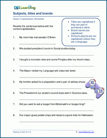 Worksheet featuring punctuation and capitalization exercises for fifth graders