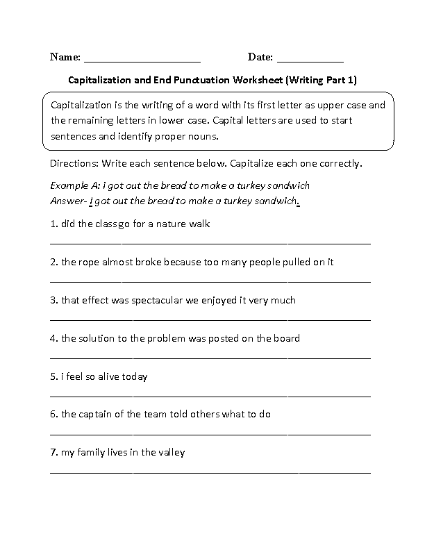 Fifth grade student completing a punctuation and capitalization practice worksheet