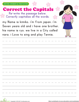 Worksheet focusing on punctuation and capitalization for fifth-grade students