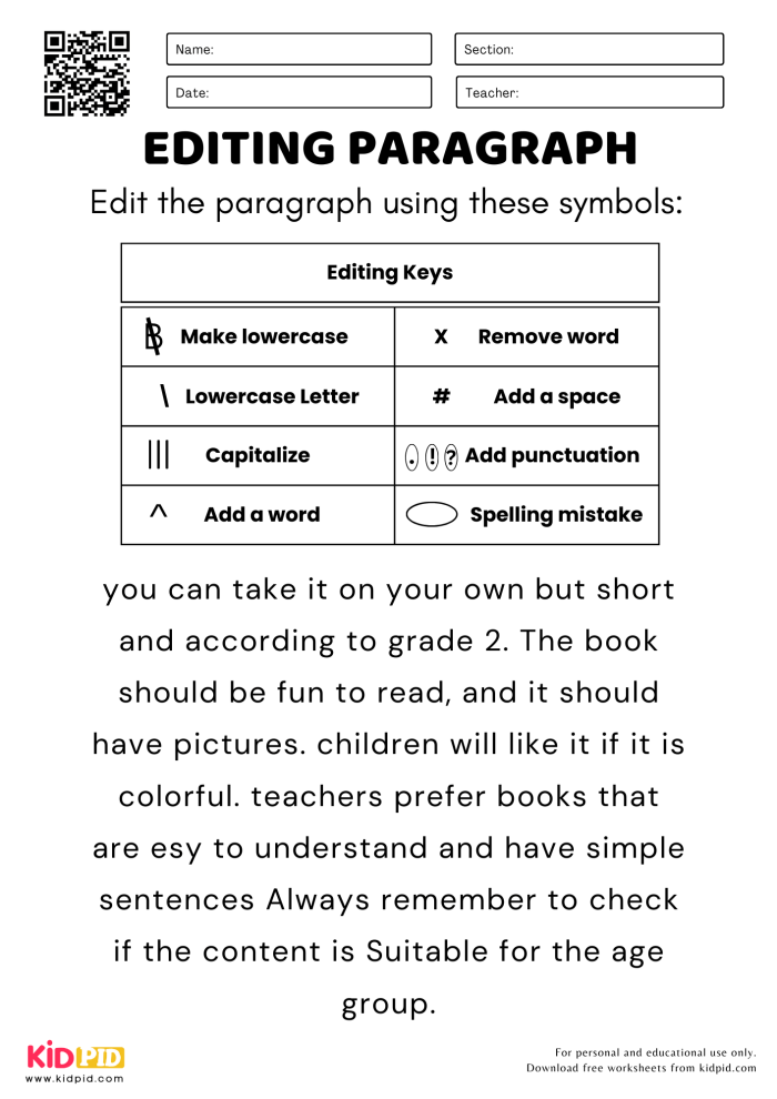 Fifth grade students practice rewriting a paragraph with proper capitalization and punctuation marks in this editing exercise worksheet
