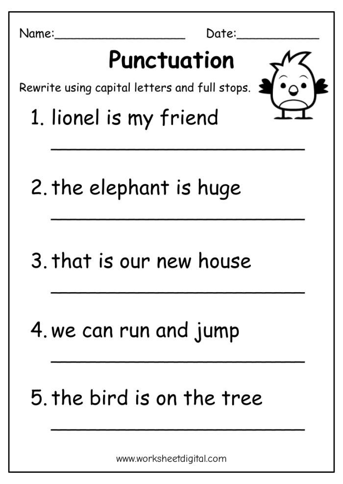 Fifth grade worksheet for practicing paragraph punctuation and capitalization skills