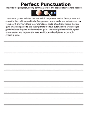 Fifth grade student completing a punctuation and capitalization paragraph rewrite exercise