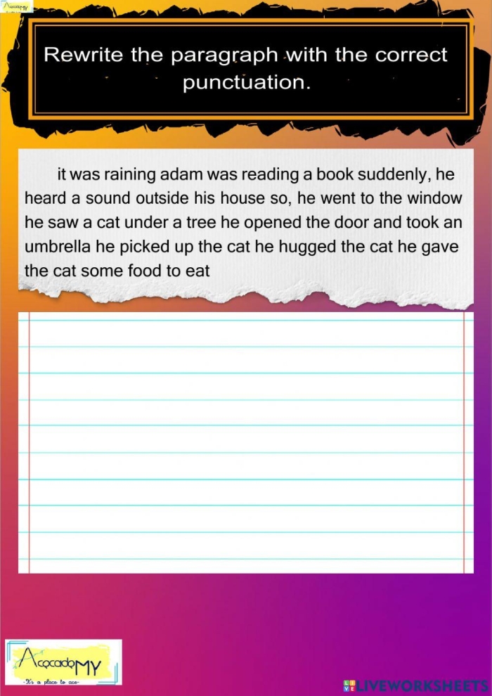 Fifth grade student practicing capitalization and punctuation skills on a paragraph rewrite worksheet