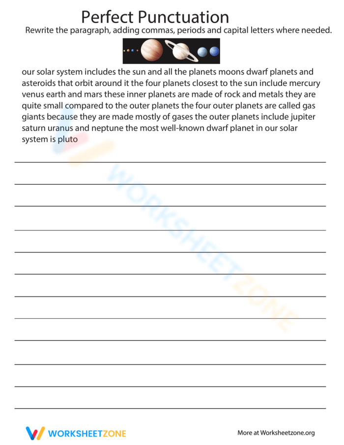 Fifth grade student practicing capitalization and punctuation in a paragraph rewrite exercise