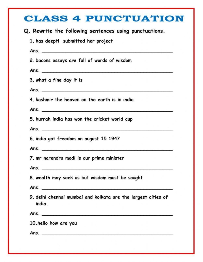 Fifth grade student rewriting a paragraph with correct capitalization and punctuation marks on a practice worksheet