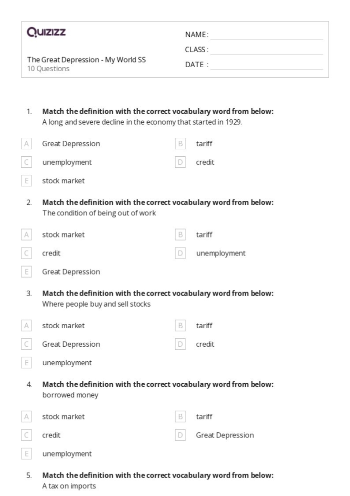 A fifth-grade worksheet focused on the Great Depression to enhance reading comprehension. Educational resource for understanding the historical significance of the Great Depression.