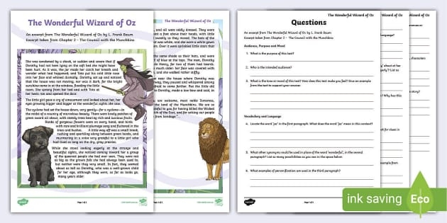 Fifth grade reading comprehension worksheet featuring The Wonderful Wizard of Oz theme