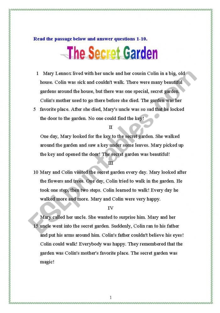 Fifth grade reading comprehension worksheet featuring an excerpt from The Secret Garden