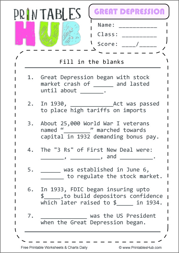 Great Depression worksheet for fifth-grade students to enhance reading comprehension skills