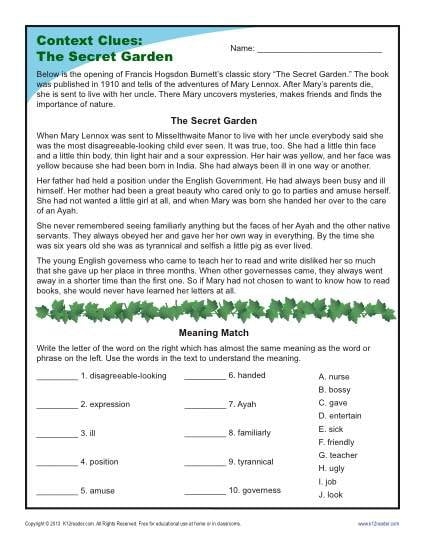 Fifth grade students practice reading comprehension with this excerpt from The Secret Garden worksheet 20