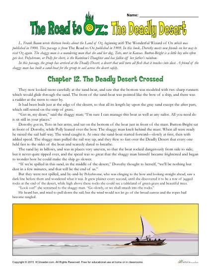 Fifth grade reading comprehension worksheet featuring a Wizard of Oz theme for math practice 19