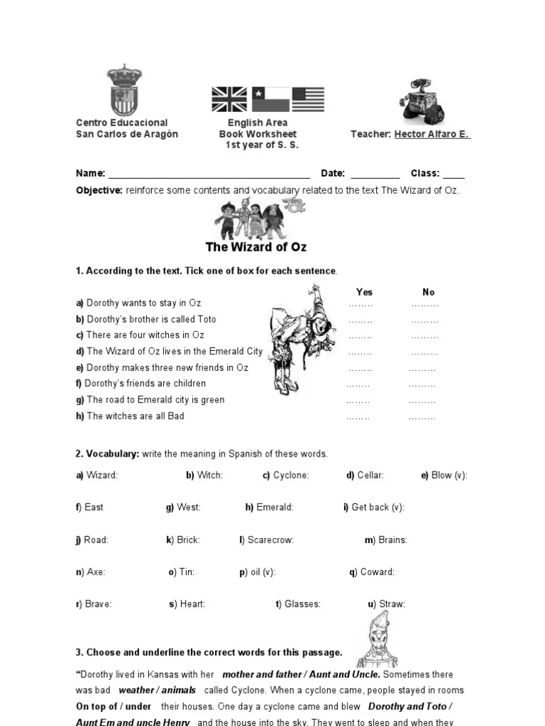 Fifth grade reading comprehension worksheet featuring a Wizard of Oz theme for math practice 12