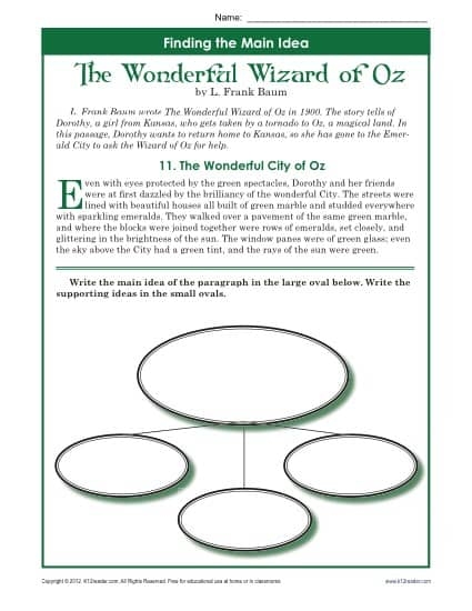Fifth grade reading comprehension worksheet featuring themes from The Wizard of Oz
