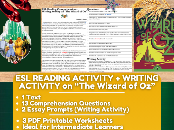 Reading comprehension worksheet featuring "The Wonderful Wizard of Oz" for fifth graders