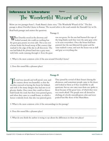 Fifth grade reading comprehension worksheet featuring a Wizard of Oz theme for math and multiplication practice