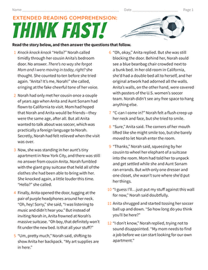 Extended Reading Comprehension worksheet titled "Think Fast!" for fifth graders