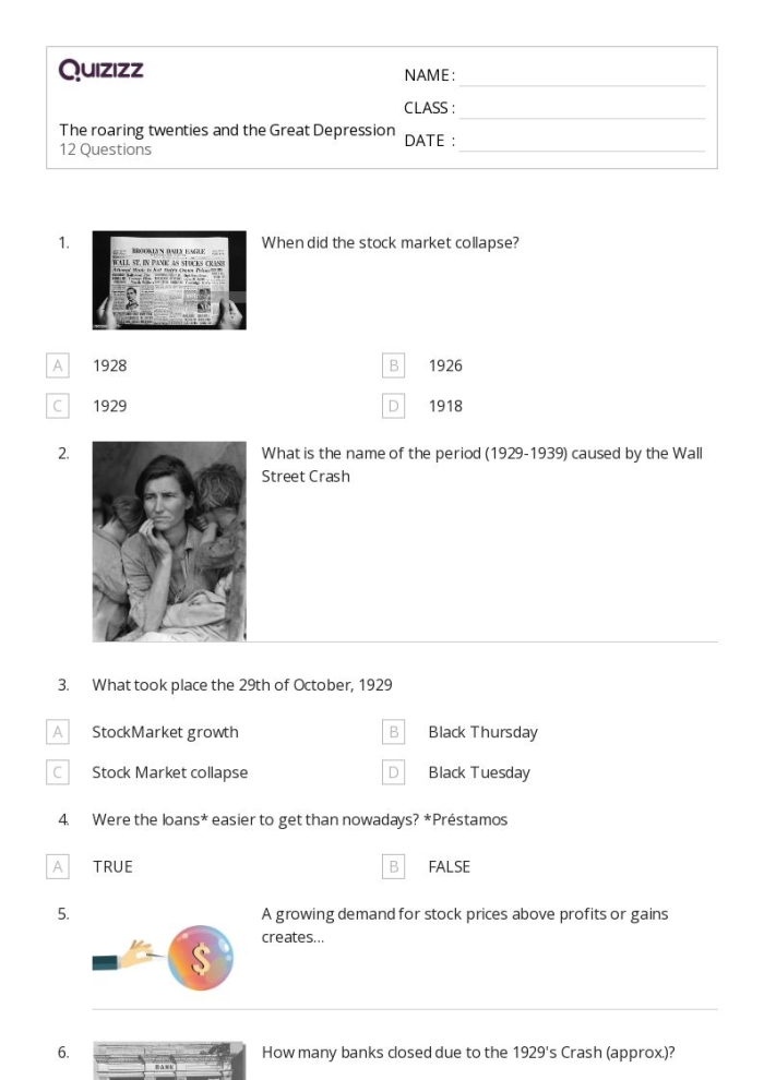 A fifth-grade worksheet focused on the Great Depression to enhance reading comprehension skills. Educational resource for students studying the historical context of the Great Depression.
