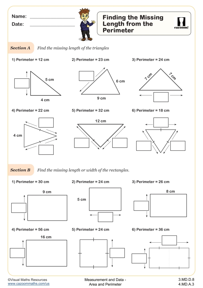 Rectangle Algebra: Find the Missing Length Worksheet for Fifth Grade Students Worksheet for 5th graders to solve for missing lengths in rectangles using algebra