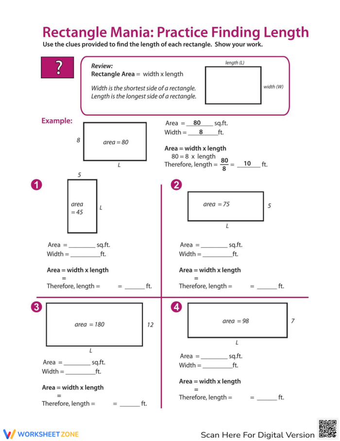 Educational resource for fifth graders to practice algebraic equations with rectangles Worksheet featuring Rectangle Algebra for finding missing lengths in geometry