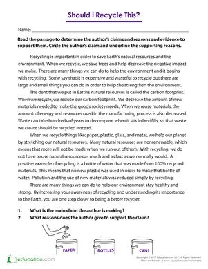 Worksheet on recycling and author’s claims for fifth graders
