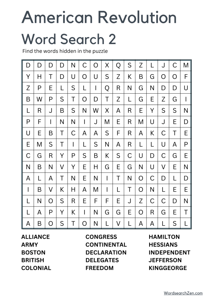 American Revolution word search worksheet featuring historic battlefields and cities