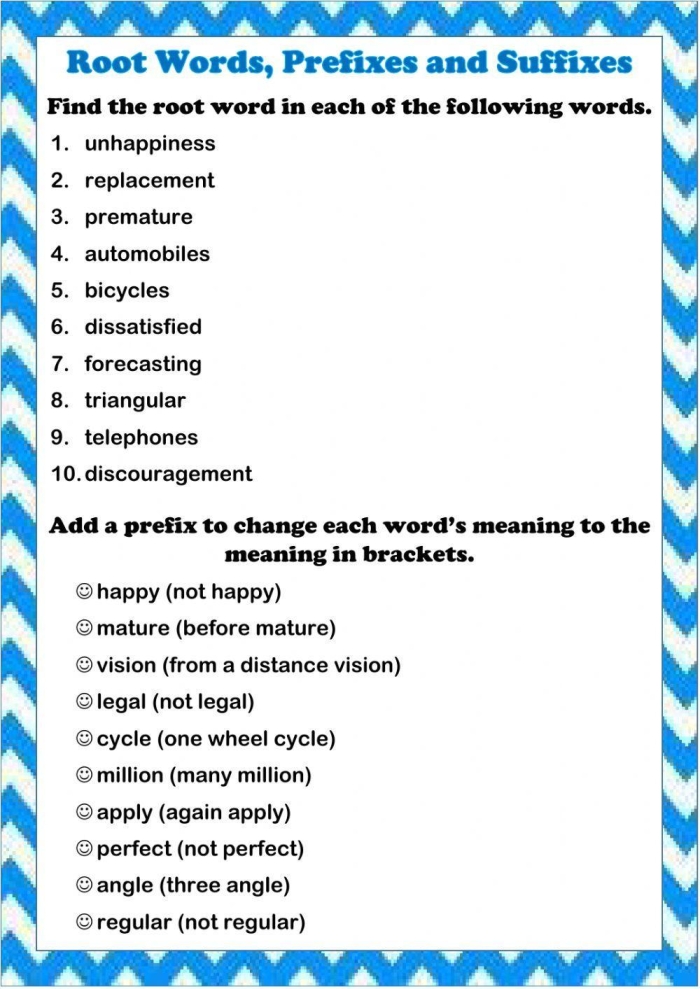 Worksheet for practicing root words, prefixes, and suffixes for fifth-grade students