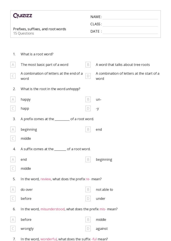 Worksheet for practicing root words, prefixes, and suffixes for fifth graders