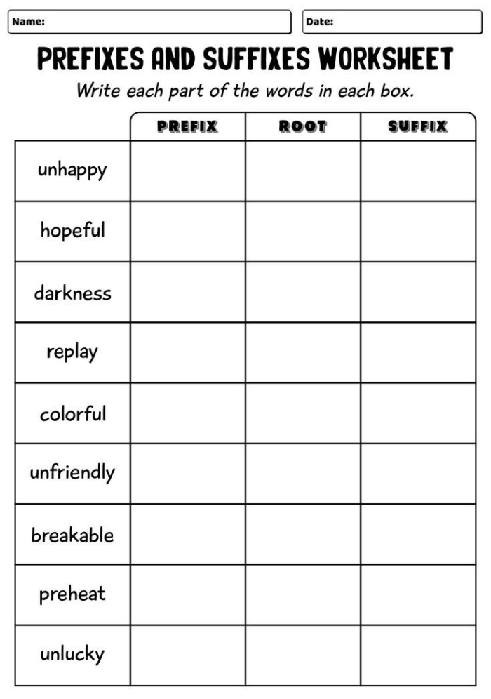 Worksheet for practicing roots, prefixes, and suffixes for fifth-grade students