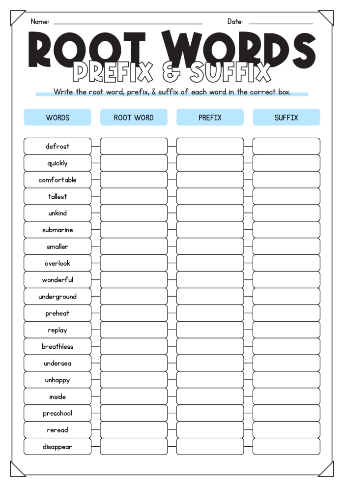 Worksheet for practicing roots, prefixes, and suffixes for fifth graders