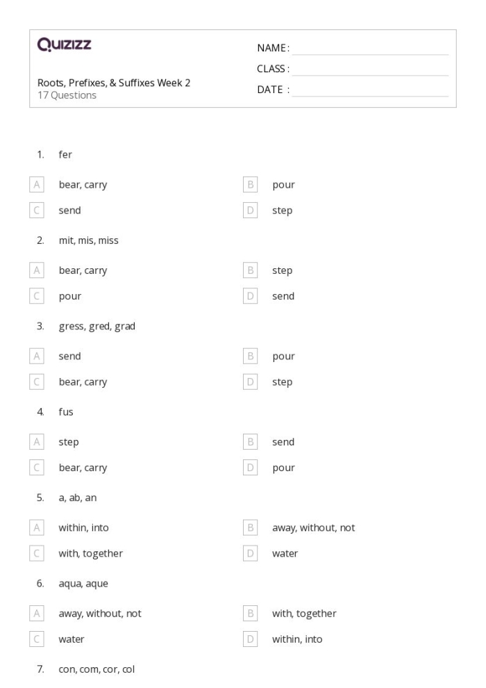 Worksheet for practicing roots, prefixes, and suffixes for fifth-grade phonics students