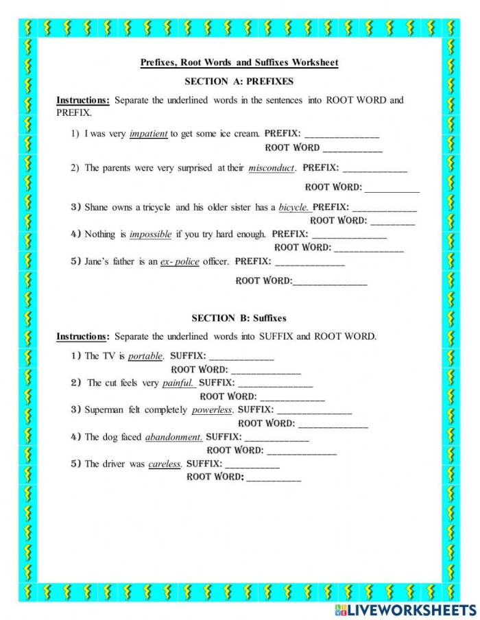 Worksheet for practicing roots, prefixes, and suffixes in fifth-grade phonics