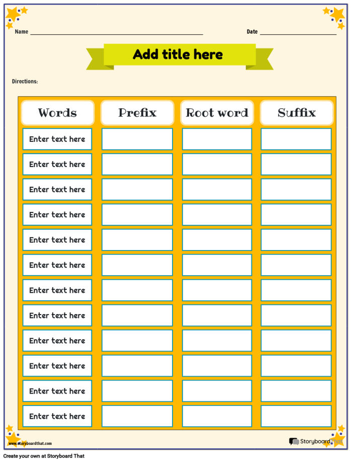 Worksheet for practicing roots, prefixes, and suffixes for fifth graders