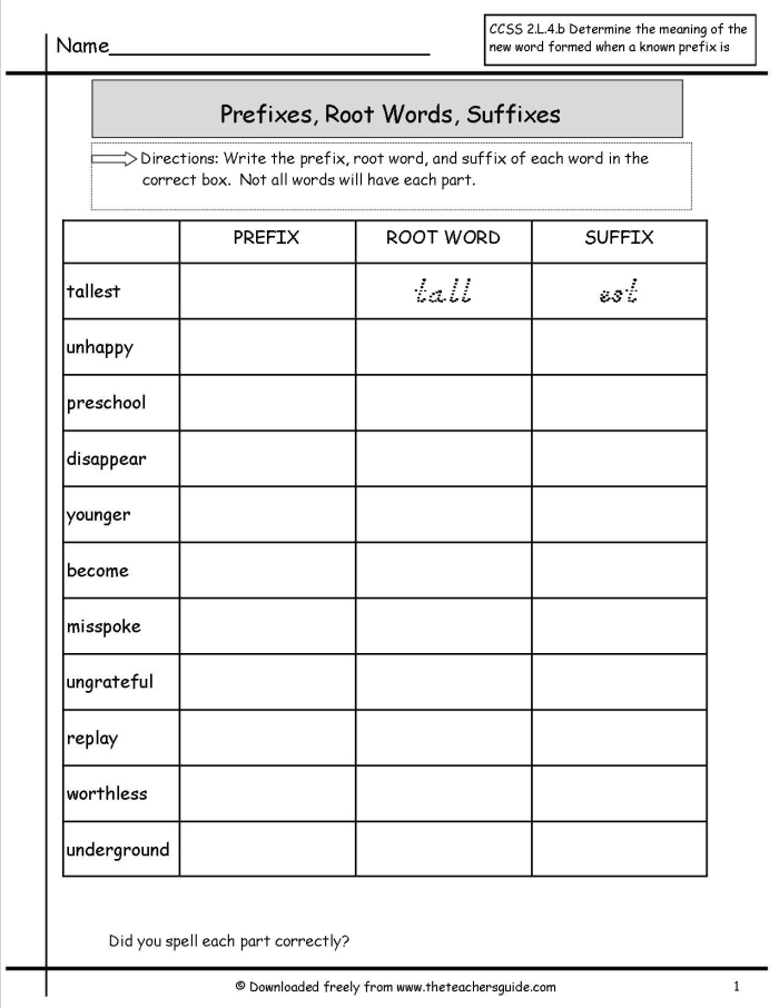 Worksheet showing students practicing roots, prefixes, and suffixes in phonics