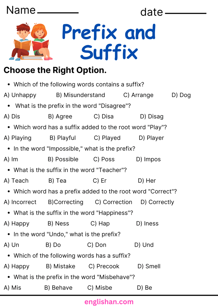 Worksheet for practicing roots, prefixes, and suffixes in fifth-grade phonics