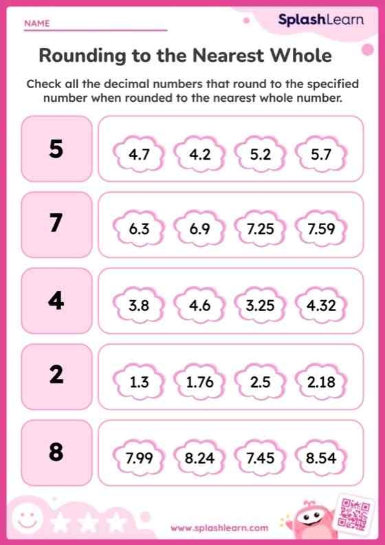 Rounding to Whole Numbers worksheet for fifth-grade students focusing on decimals and fractions