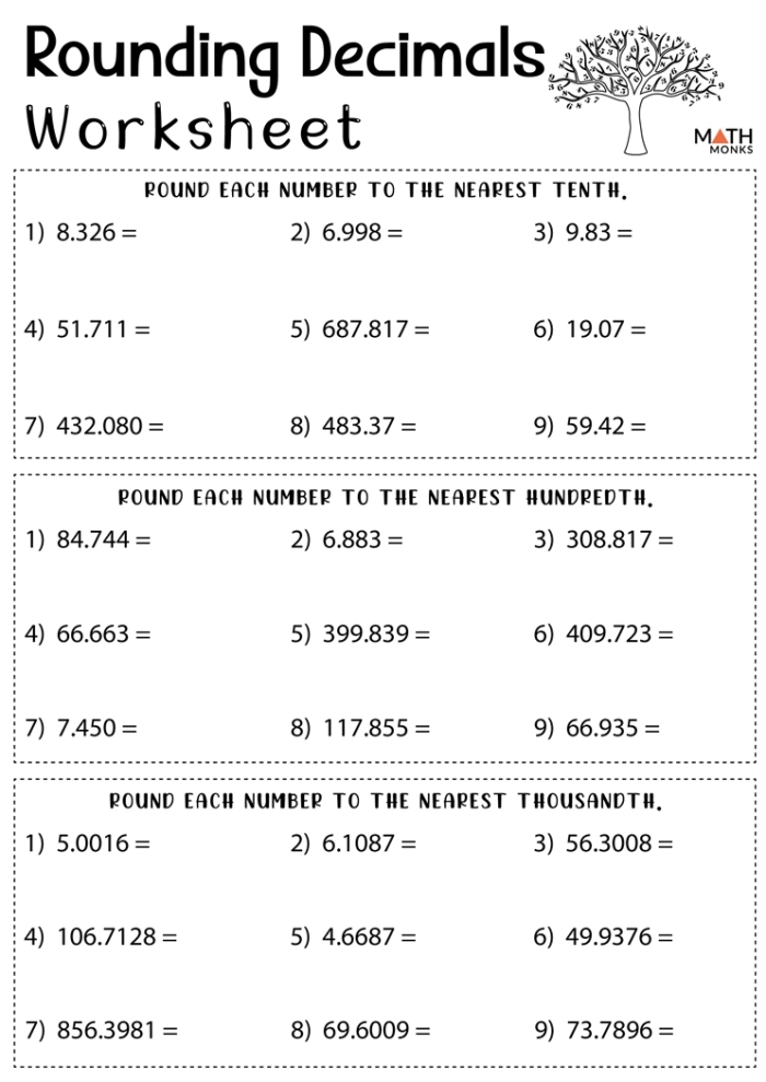 Rounding to whole numbers worksheet for fifth graders focusing on decimals and fractions