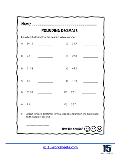 Rounding Decimals Practice Sheet 21 for Elementary Math Learners Fifth grade students practice rounding decimal numbers and comparing their values on this math worksheet