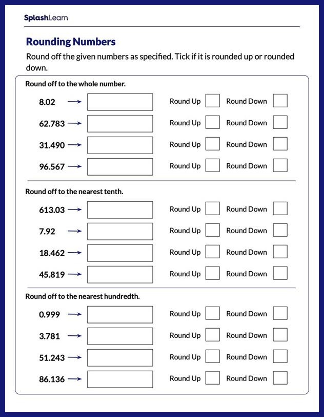 Rounding Decimals Worksheet 8 for Fifth Grade Math Practice Fifth grade students practice rounding decimals and comparing values on this math practice page