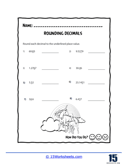 Rounding Decimals Practice Worksheet for Elementary Math Learners Fifth grade students rounding decimal numbers to the nearest whole number and tenth place value